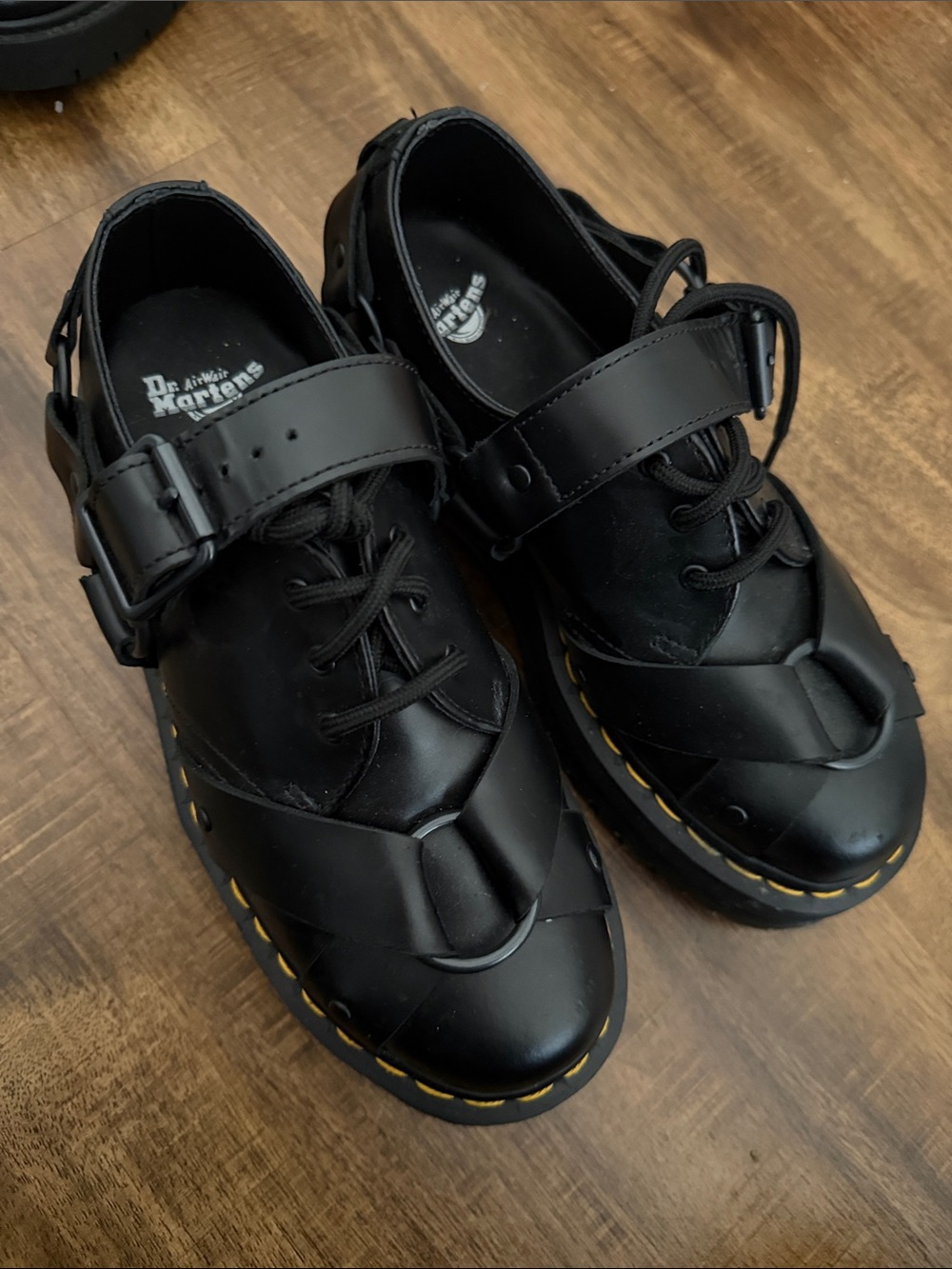 Dr. Martens Black Leather Platform Mary Jane Sandals with Yellow Stitching